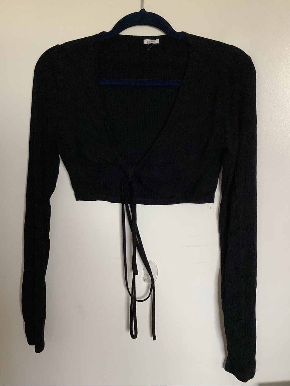 Garage Black Ribbed Knit Tie Front Cropped Cardigan Top M